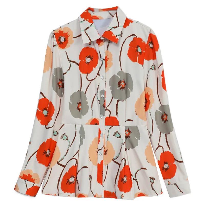 Summer Button Shirt Pleated Edge Chiffon Shirt Casual Printing T-shirt Thin Shirt for Middle-aged and Elderly Women