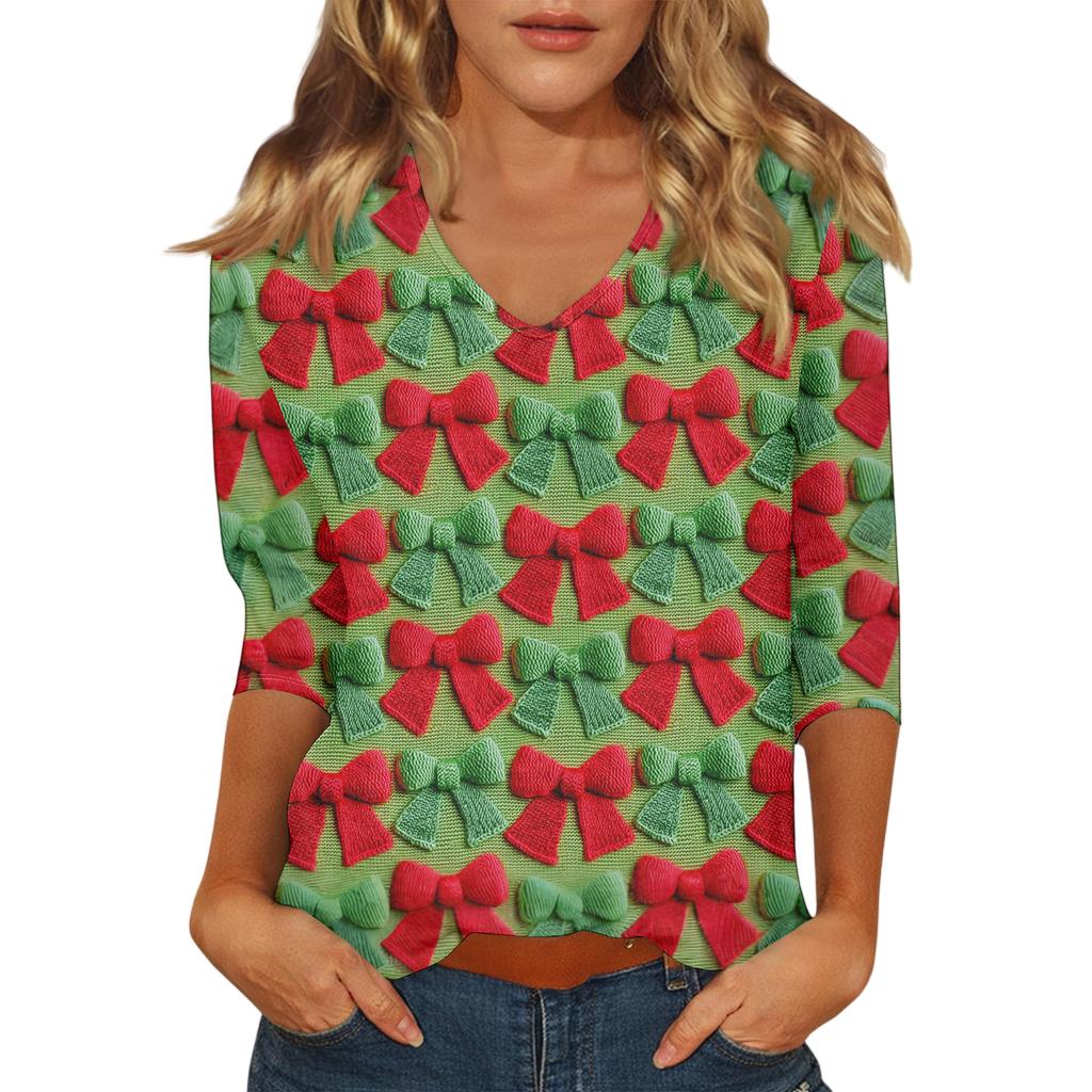 Women's Casual Fashionable Sexy Comfortable V-Neck Christmas Three-Quarter Sleeve Top