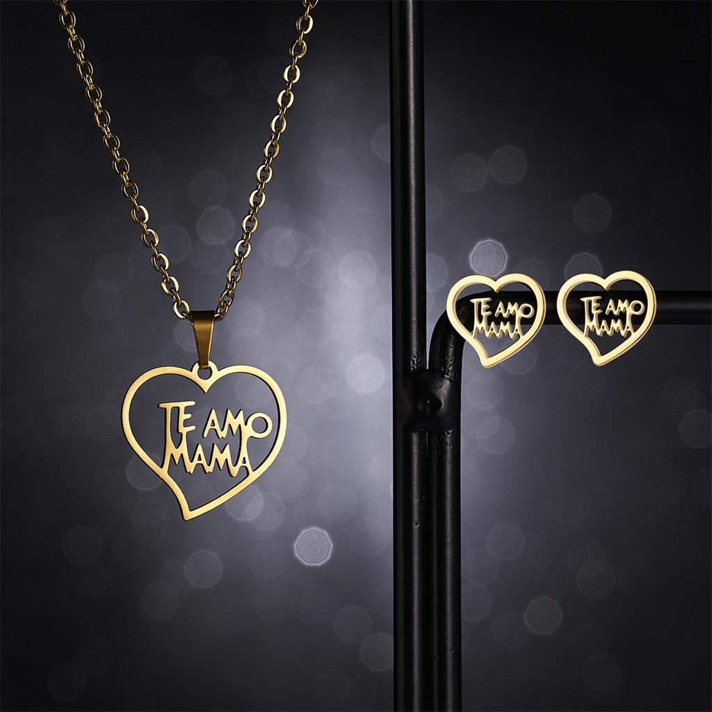 Stainless Steel Gold Color I Love MAMA Letter Necklace Earrings Set For Women Heart Mom Daughter Figure Mother's Day Jewelry Set