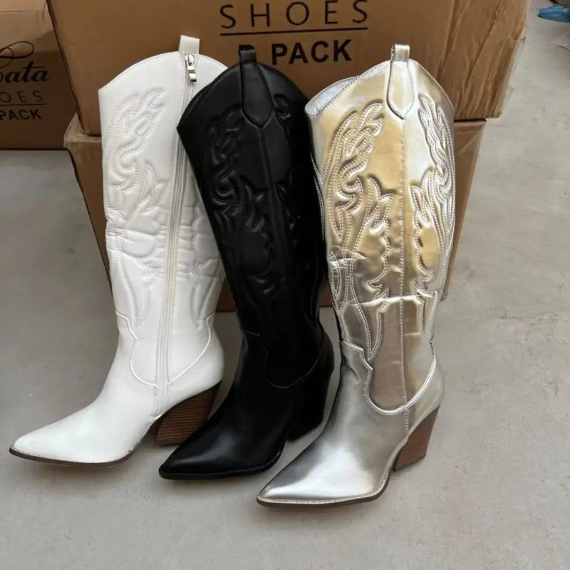 Fashionable Floral Embroidery High Heel Boots Women'S Knee High Boots Elegant Leisure Style Chinese Manufacturer