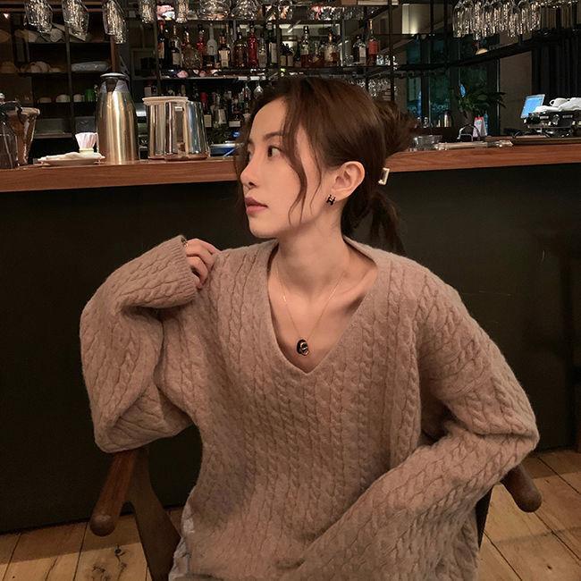 

Свободный пуловер в стиле ретро, ​​женский пуловер с v-образным вырезом, женский мягкий восковой милый верхний трикотажный свитер, женский One Size хаки