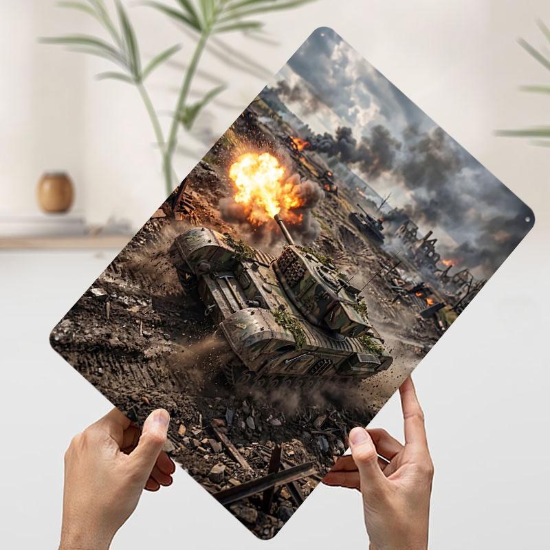 Tank Firing In War Zone Poster Retro D Printed Metal Signs Customized Wall Hanging Gift for Mancave Decoration Gaming Wand Deko