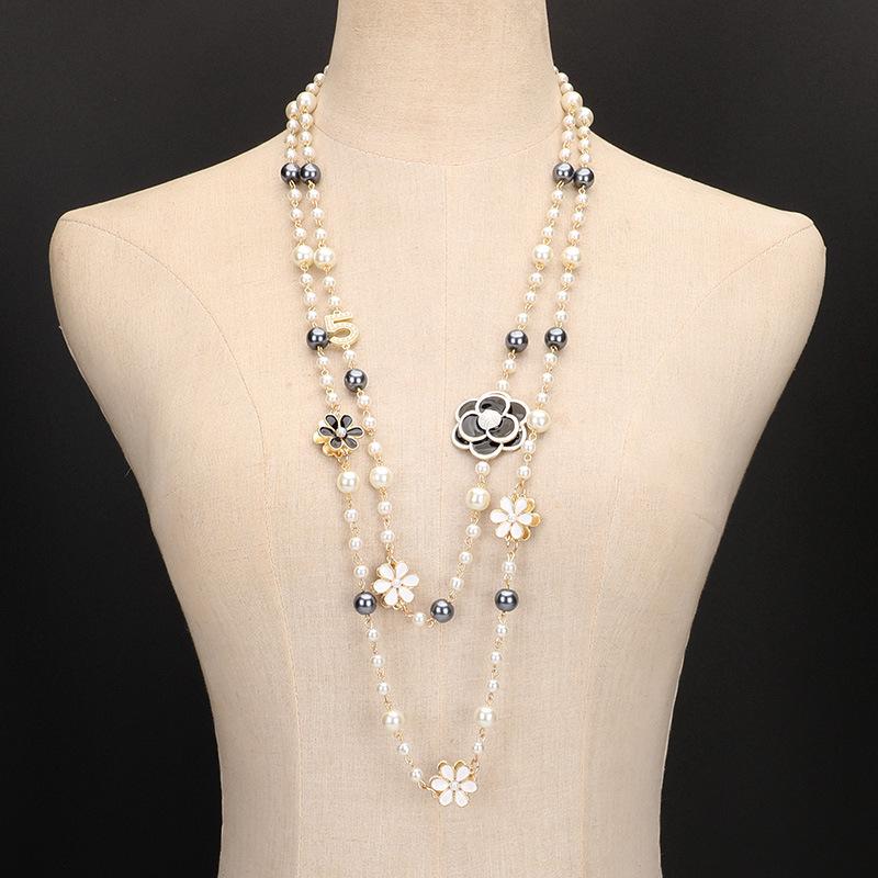 2023 Glass Pearl Double Layer Long Pendant Necklace for Women