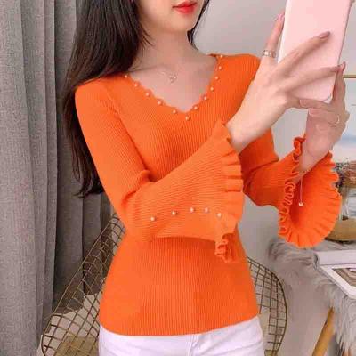 Knitwear Women's V-neck Long-sleeved Sweater Women's Outer Wear Beaded Fashion Casual Pullover Bottoming Shirt