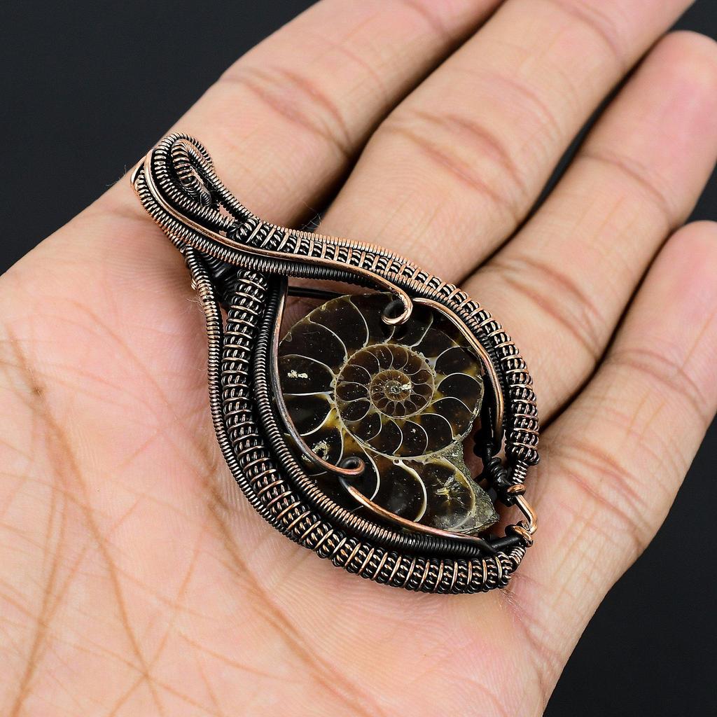Ammonite Fossil 999 Copper Wire Wrapped  Pendant, Handmade Gemstone Jewelry Pendant For Memorial Day