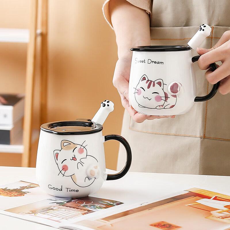 Ceramic Cat Mug with Lid and Spoon
