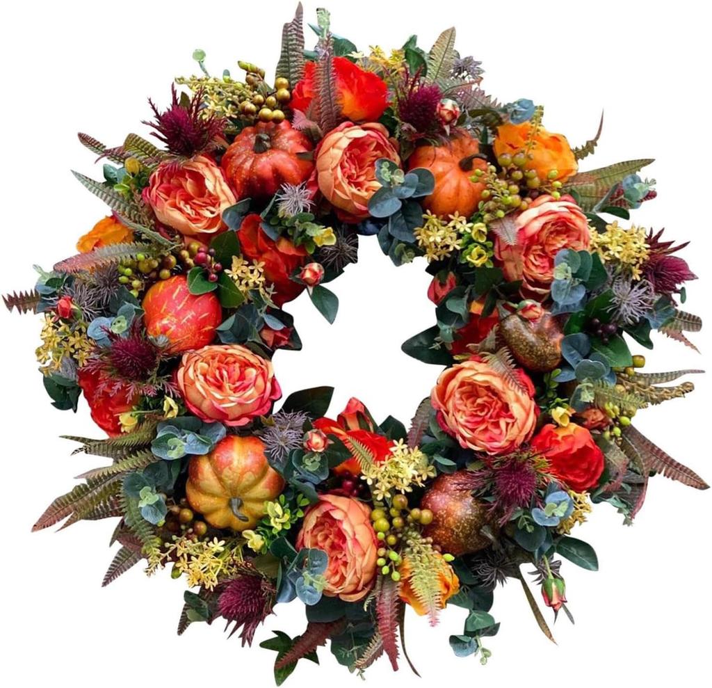 Fall Peony and Pumpkin Wreath,Year Round Wreath, 2025 New Reusable Pumpkin Fall Wreaths,Autumn Maple Leaf and Berry Decor,for Thanksgiving, Halloween