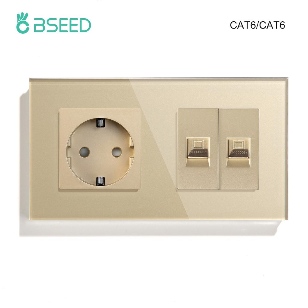 BSEED Dual Internet Sockets CAT6 Wall Socket EU Power Sockets Plus Network PC Data Computer Connecter Outlets Glass Panel