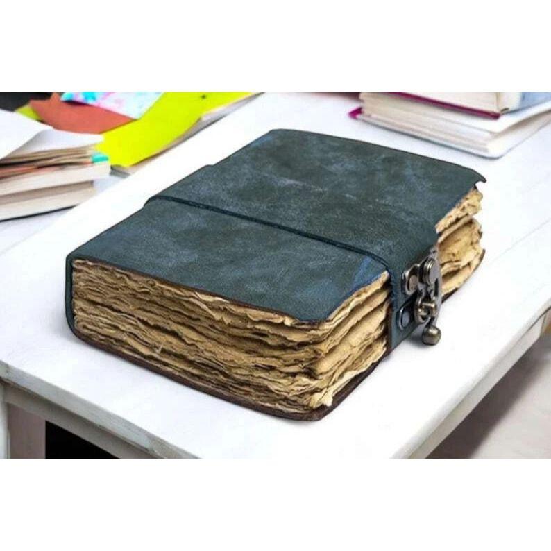 

Блокнот-ежедневник из натуральной кожи ручной работы, винтажный, с состаренной бумагой, подарок для писателей 7 x 5 in синий