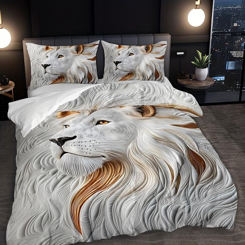 

3pcs Grey 3D Lion Animal Duvet Cover Set 100% Polyester Breathable All-Season Bedding with 1 Duvet Cover and 2 Pillowcases EU Twin(135x200cm)