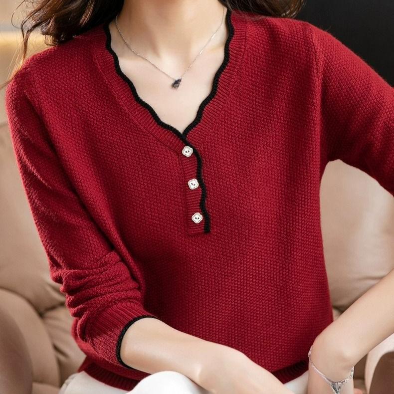 V-neck Sweater Women's Autumn and Winter Casual Long-sleeved Multi-color Base Knitted Sweater Loose Warm Pullover Long-sleeved Top