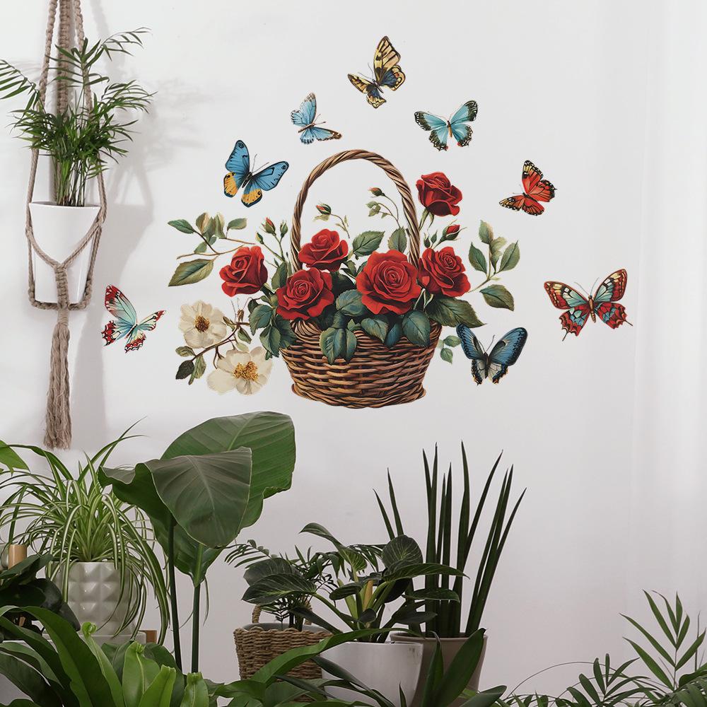 Creative Painted Roses Flower Basket Butterfly Bedroom Living Room Home Background Beautification Decoration Wall Stickers