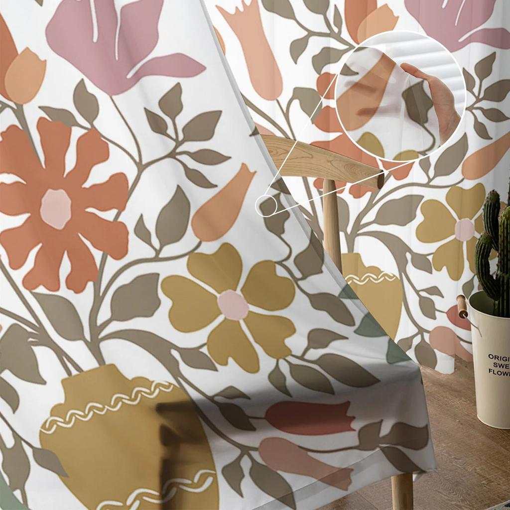 Line Color Block Flower Leaves Bedroom Transparent Sheer Curtains Holiday Decoration Window Voile Tulle Curtain