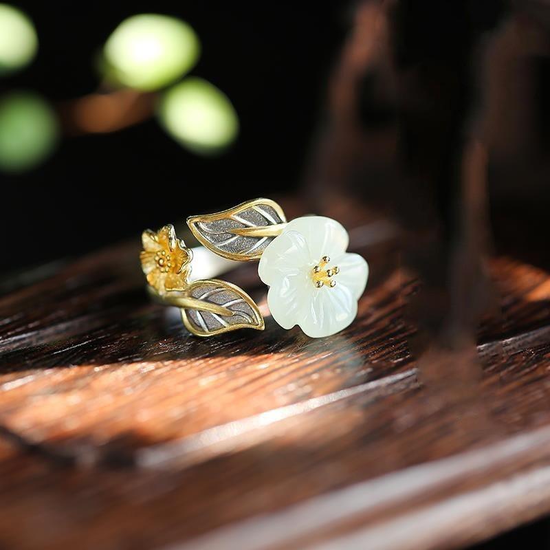 Adjustable Open Ring With Plum Blossom Motif Gold Plated Copper Vintage Boho Womens Fashion Jewelry
