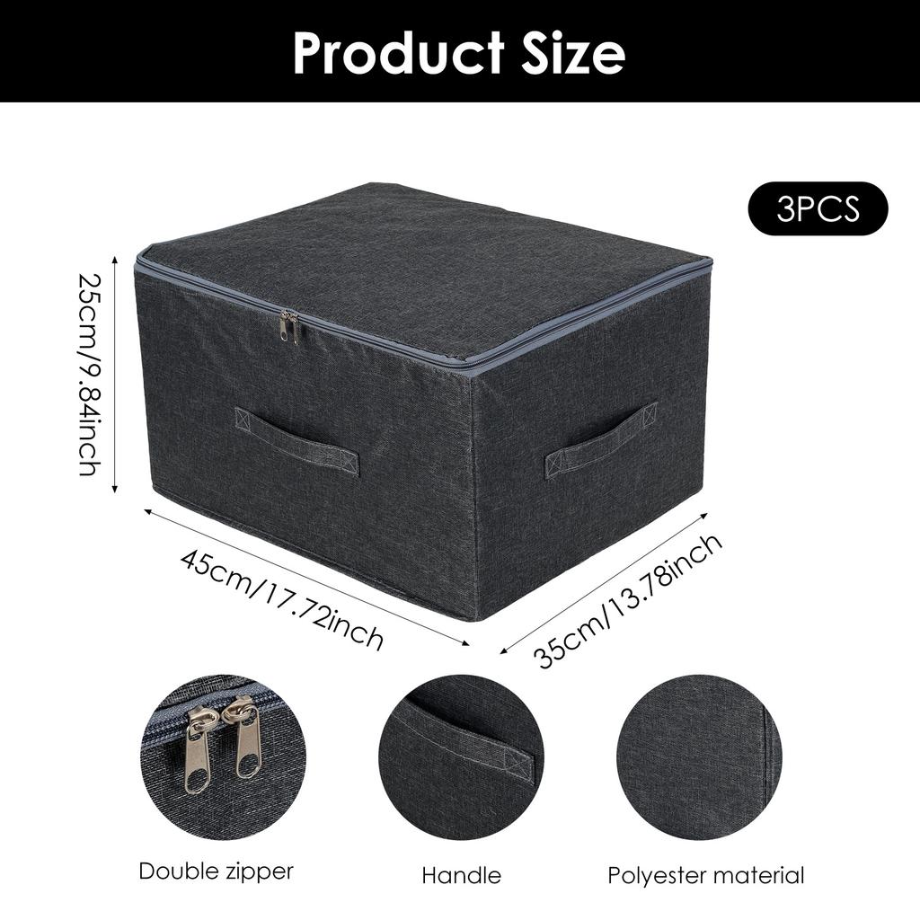 3Pcs Foldable Storage Box with Cover Clothes Storage Box with Zipper Multi Purpose Closet Organizer for Bedroom Living Room