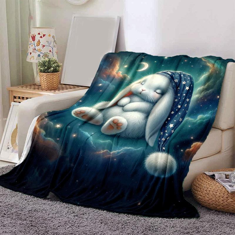 1pc Rabbit Printing Lightweight Flannel Blanket, Comfortable and Warm Blanket, for Camping Sofa Bed and Couch Office, in All Seasons