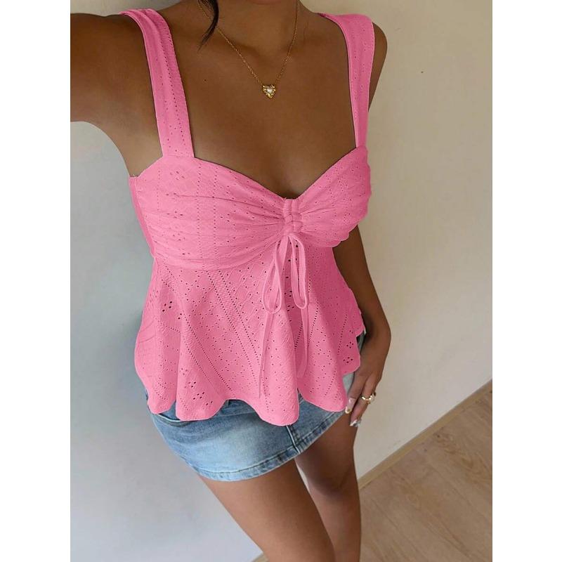 Women's White Eyelet Embroidery Twist Front Peplum Camisole Top