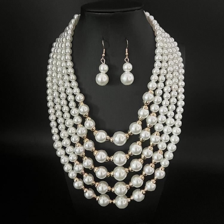 Modern Multi Strand Imitation Pearls Jewelry Set With Coordinating Earrings Sturdy Stylish Accessory Collection