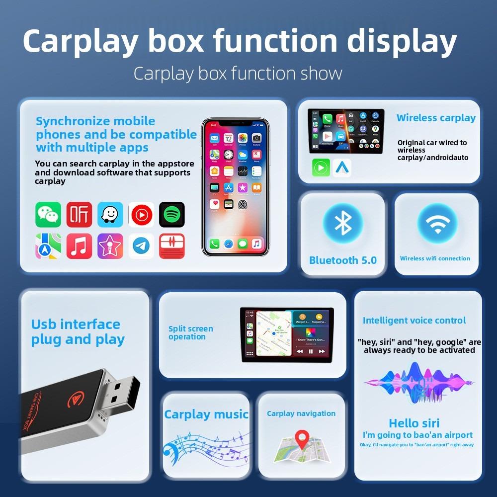 Car Wireless Carplay Box USB Plug Play Convert Wired to Wireless with Colorful Glass Cover