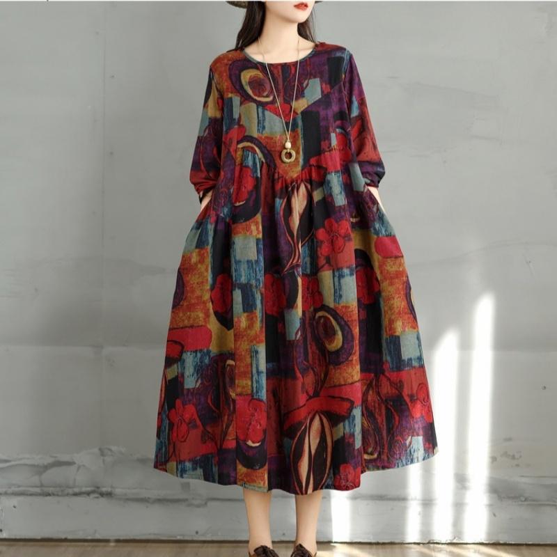 

Платье женское повседневное свободное весеннее осеннее с длинным рукавом, большого размера, хлопковое, винтажное, с цветочным принтом, новинка