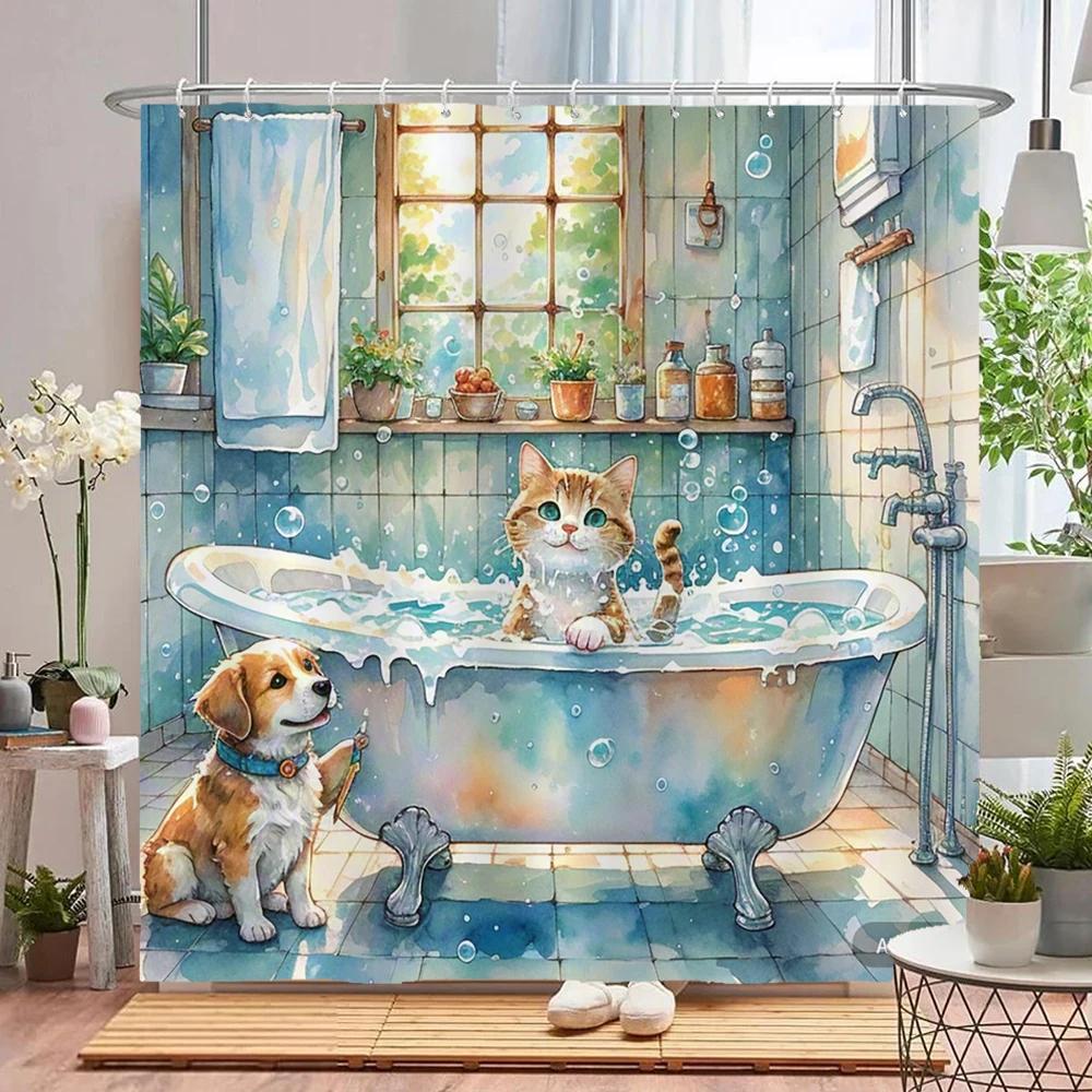 Funny Bathing Cat and Dog Shower Curtain Waterproof Bathroom Curtain Creative and Interesting Partition Bath Curtain with Hooks