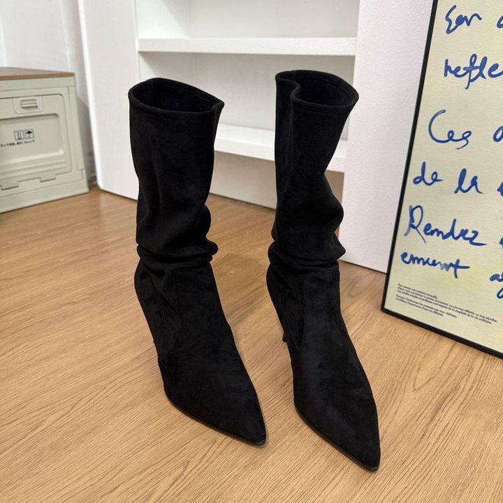 

Small black online European and American babes pointed toes high heels piled boots women s autumn and winter temperament suede medium boots pleate 40