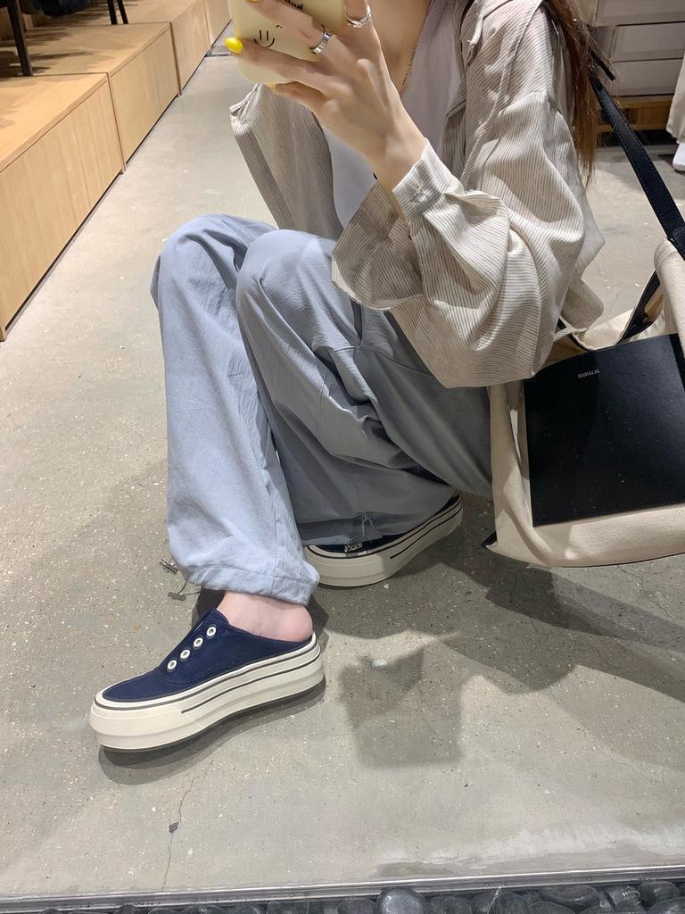 Advanced Sense~ Grape Mother Height Increase 7cm Lazy Without Shoelaces Round Head Thick Sole One Pedal Casual Board Shoes Women's Canvas Shoes