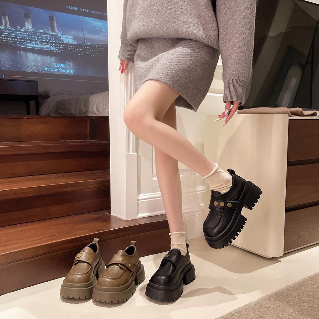 Spring 2025 new versatile British style small leather shoes one pedal mid-heeled retro single shoes platform loafers women