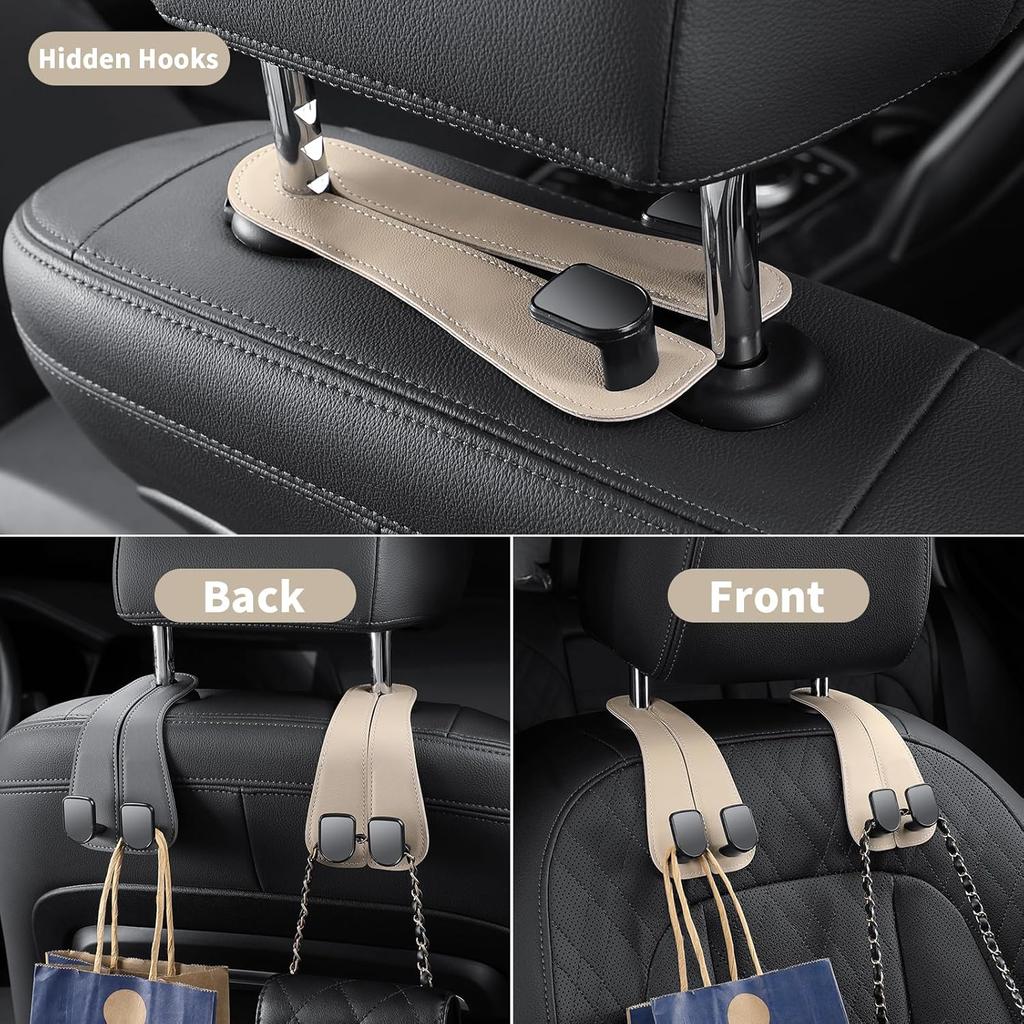 2 Pack KAFANLIN Car Headrest Hooks For Purses And Bags Cute Leather Car Seat Back Head Rest Double Hooks For Bags Cute Pink Beige Car Accessories