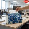 1pc 2D Flat Tissue Box, Printed On Both Sides, Checkered Top Detailed Blue Mandala with Round Patterns, Sturdy Fabric Versatile Decorative Storage for