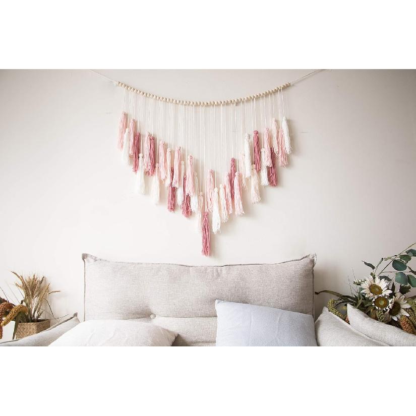 Decocove Macrame Wall Hanging - Large with Wood Beads Bohemian Decor for Bedroom, Living Room and Kitchen Warm Blush Pink 35'' X 36''