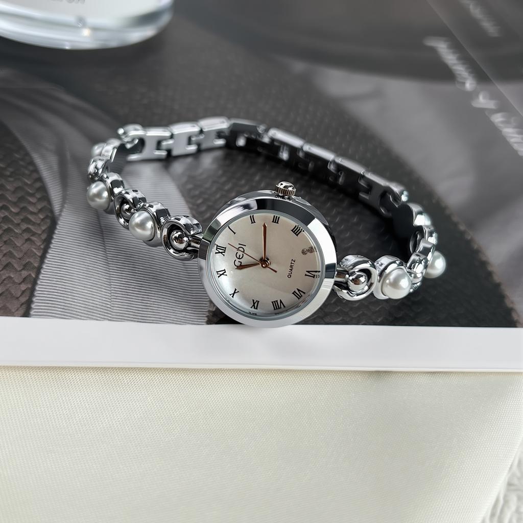 French Retro Pearl Watch Women'S High-End Bracelet Watch Temperament Roman Scale Quartz Watch
