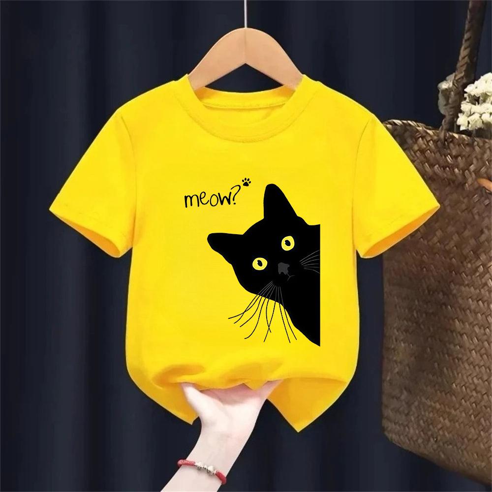 Kids Tshirt 100 Cotton Summer Meow Black Cat Print T Shirt Casual Oneck Boys Girls Tshirt Short Sleeve Tshirt Tees