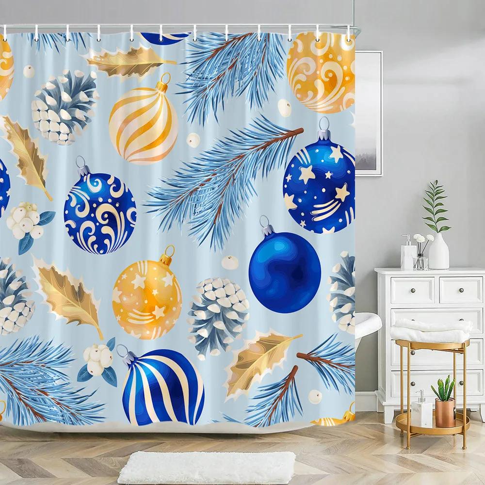 Christmas Balls Shower Curtain Colorful Xmas Balls Green Candy Canes Hanging on Pine Tree Branch for Christmas Ornament Branches
