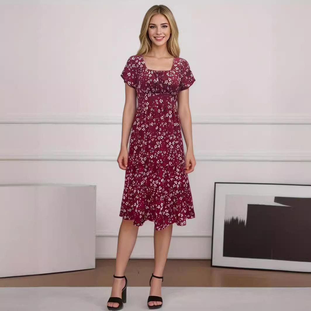 

GMXIA Square Collar Bubble Sleeve Floral Dress Long Skirt XXL