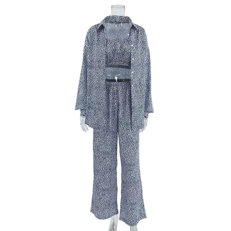 

Fashion Wind New Arrival Leopard-Print Shirt Tube Top Pants Three-Piece Fashion Three Piece Set Blue L