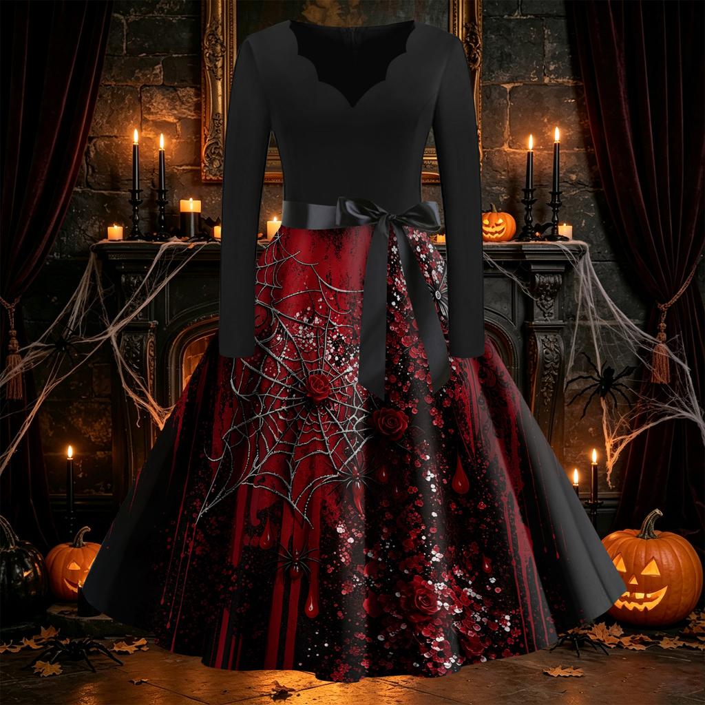 Women's Vintage V-Neck Long Sleeve Swing Dress with Halloween Print for Party Costume
