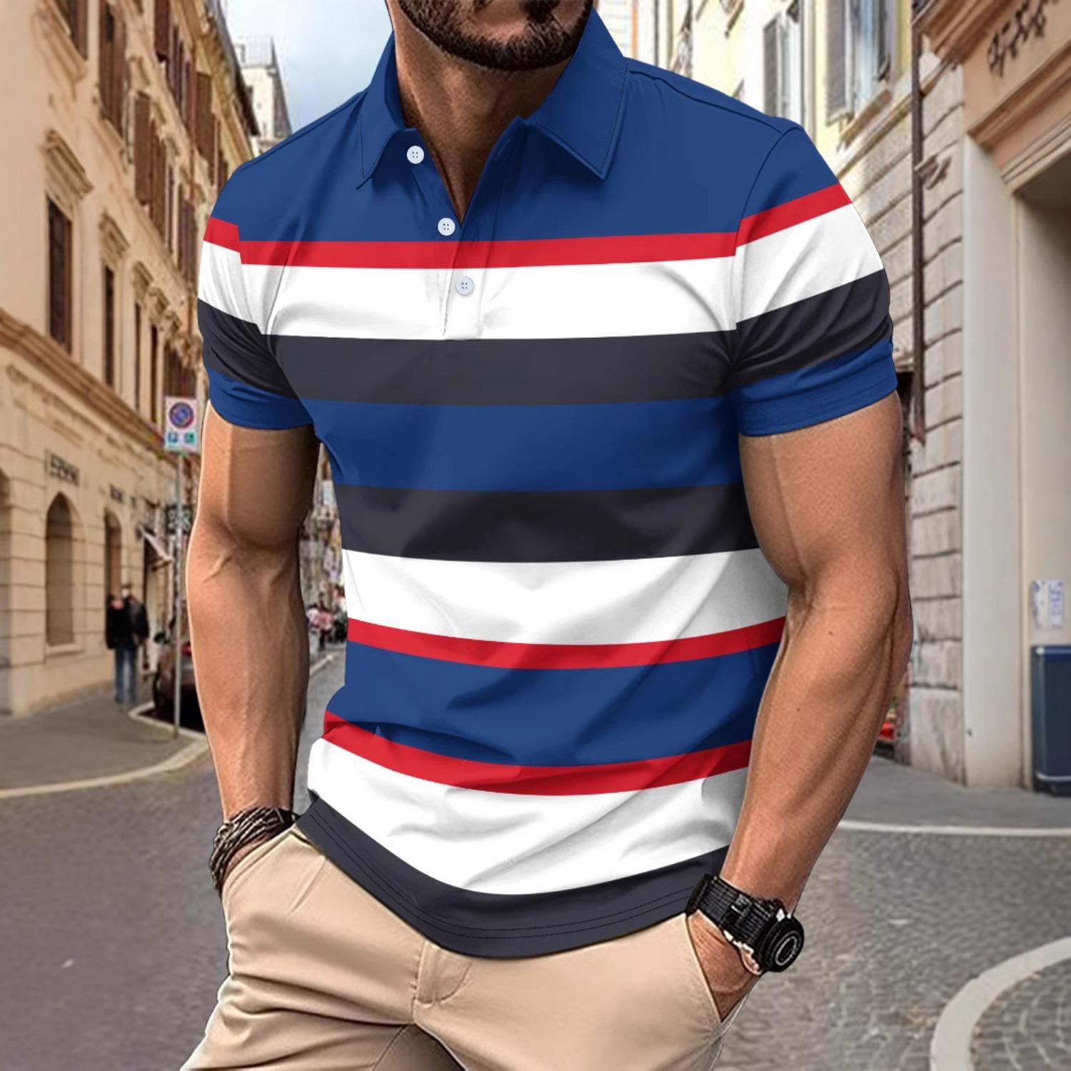 Fashion Men s Casual Polo Shirt V-neck Button Down Business Striped Versatile T-shirt Tops S темно-синий