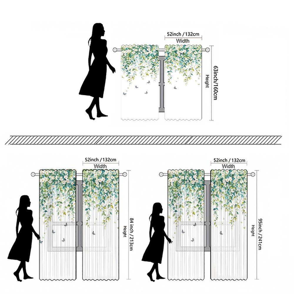 2-piece set of high-definition digital printed curtainWatercolor Green White Floral Leaves Butterflies Curtain ForCrossBorderHom