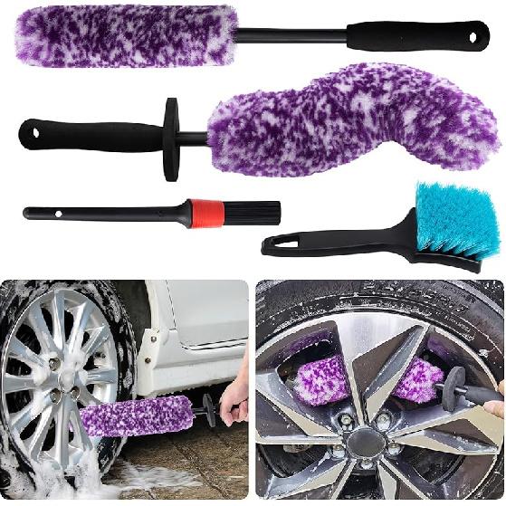 4 Pack Wheel Tire Cleaning Brush Kit Cars Motorcycles RVs Trucks Rim Hub Ultra Soft Microfiber No Spatter 360 Bendable Synthetic Woolies Wash