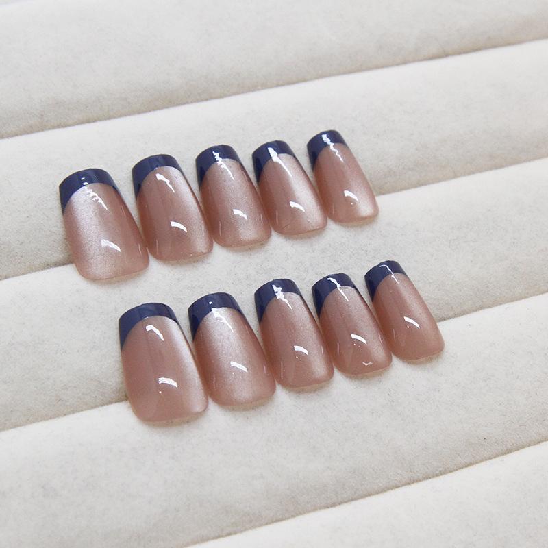 Cat'S Eye Wearing Nail Piece Solid Color Dark Blue French Removable Nail Manicure Piece Simple Fine Flash Nail Patch 24 Pieces