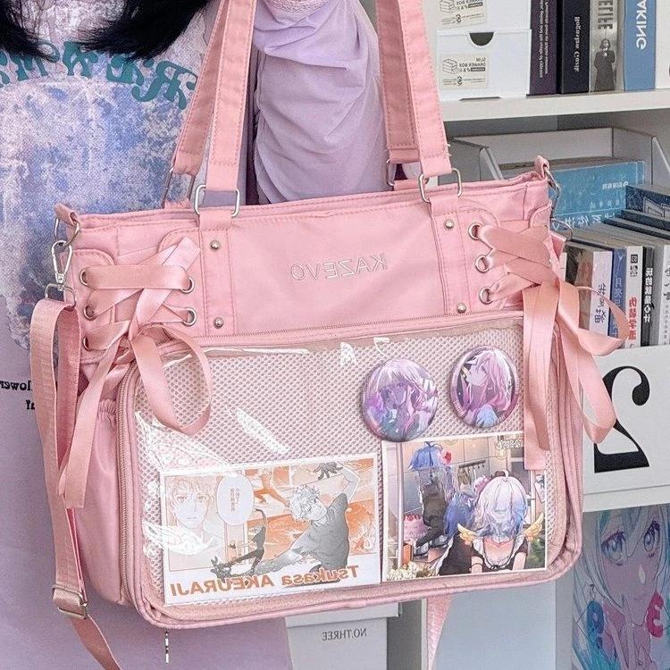 Sac bandoulière style collège avec ruban Grande capacité pour livres de cours Sac de facteur Filles Nœud JK Sac à bandoulière Sac à main