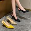 New Women High Heel Sandal Fashion Pointed Toe Shallow Slip on Dress Mules Shoes Thin Low Heel Slingback Sandal