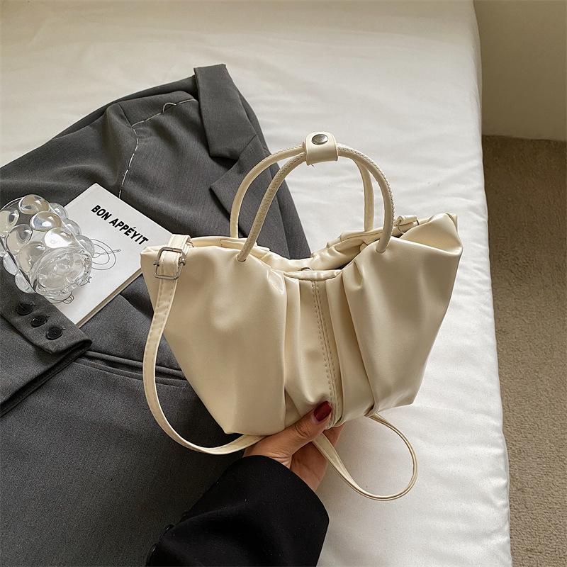 Vintage Pleated Design Women PU Leather Shoulder Bags Solid Color Ladies Small Bucket Tote Simple Female Crossbody Bag Handbag