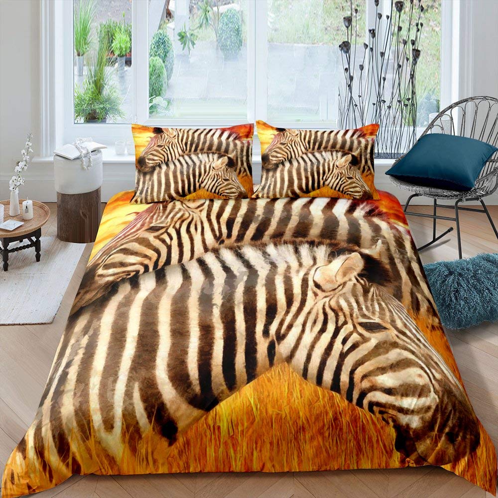 Zebra Print Bedding Set, Striped Zebra Animal Print Decorative Quilted 3 Piece Comforter Cover With 2 Pillow Shams, King Size