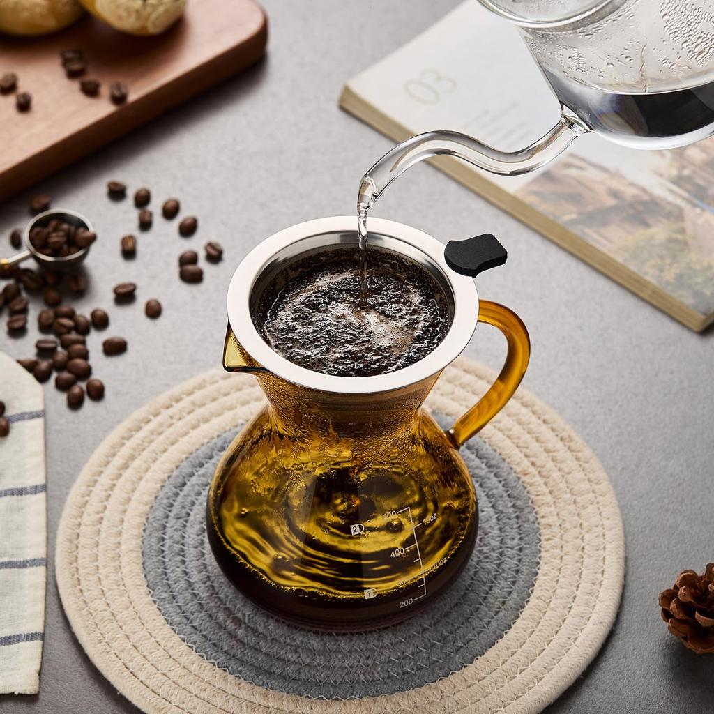 POKALOTEA Coffee Drip Coffee No Paper Coffee Filter Reusable Stainless Steel Microwave Graduations Included Server, Amber, Server, 500ml, Required,