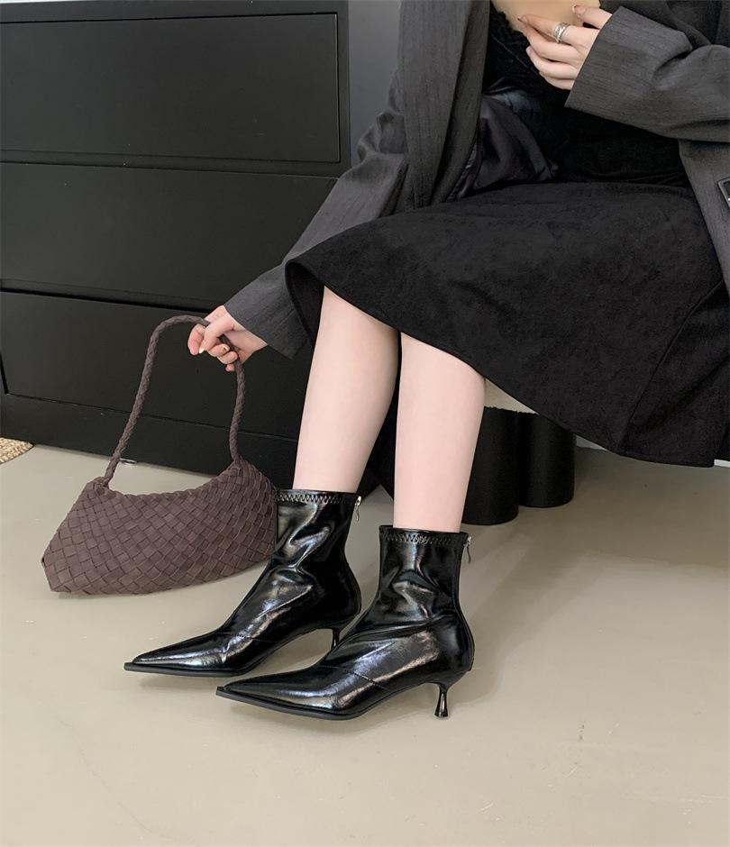 Autumn and Winter New Pointed High-heeled Thin Boots Women's French Thin-heeled Retro Rear Zipper Soft Leather Short Boots Elastic Fashion Boots