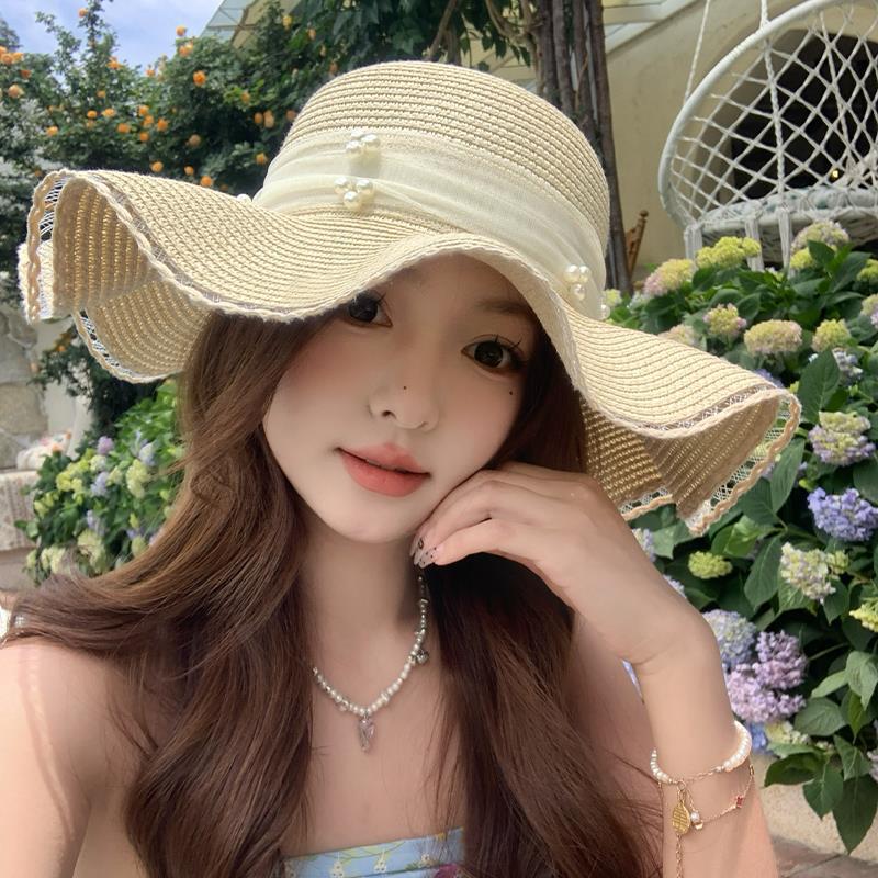 Lace pearl wavy edge bow straw hat women's summer sunshade seaside vacation big brim sun hat