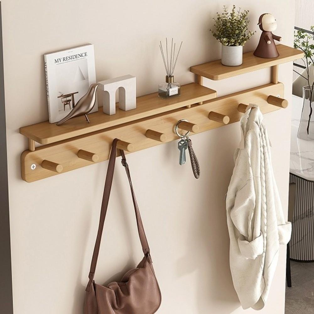 With Hooks Wall Mounted Coat Rack Storage Function Hanging Shelf Wooden Storage Rack Living Room