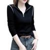 2025 Women's Korean Style Spliced Stand Collar Half-Zip Slimming Long Sleeve Top